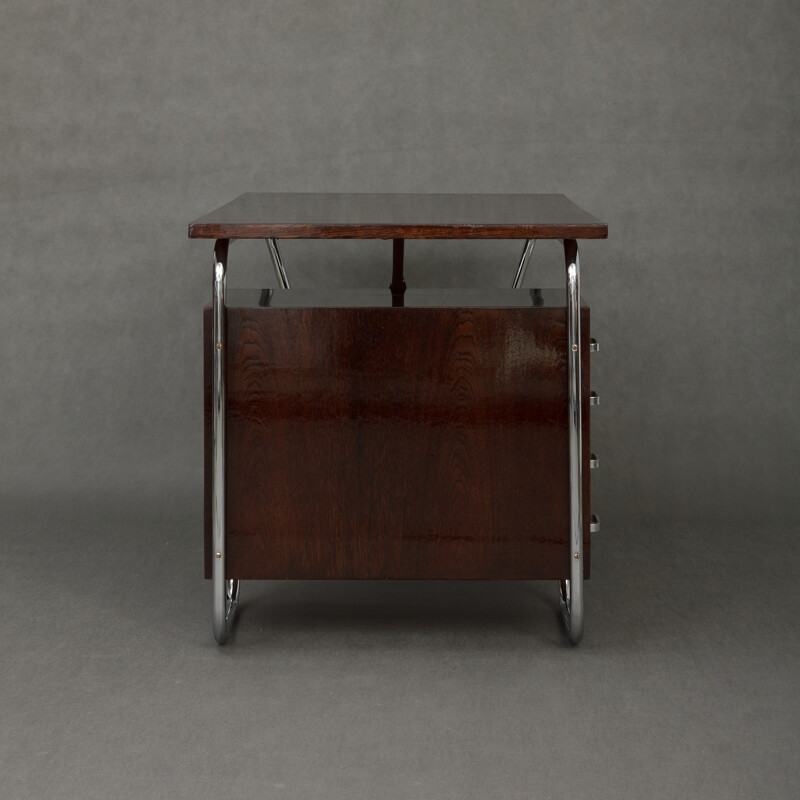 Konova Bauhaus brown chromed metal and oakwood desk, Petr VICHR - 1930s