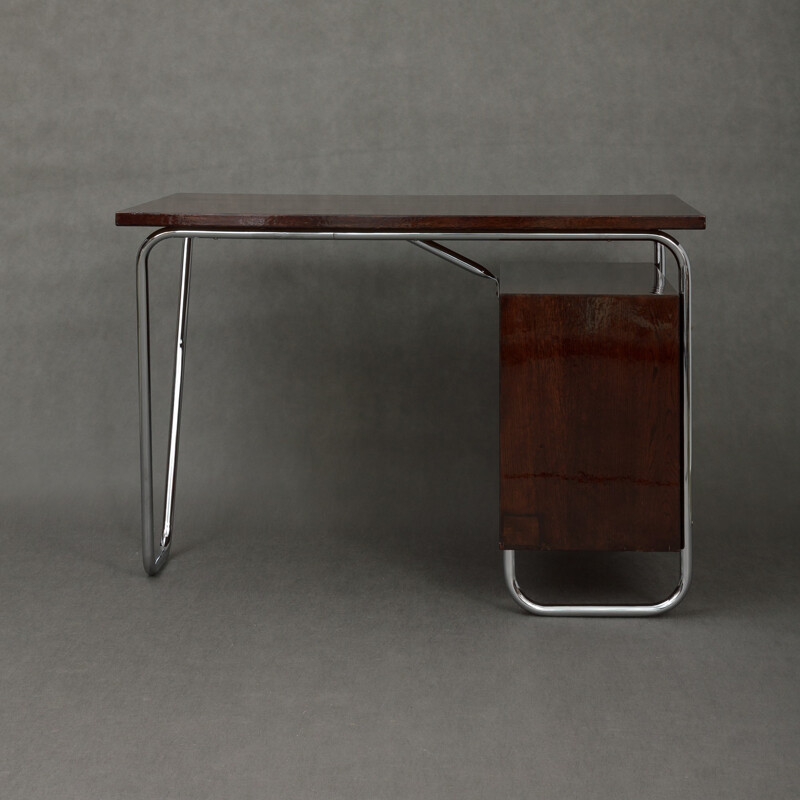 Konova Bauhaus brown chromed metal and oakwood desk, Petr VICHR - 1930s