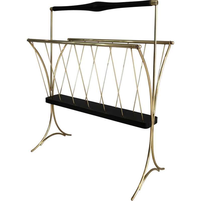 Vintage magazine rack in blackened wood and brass, 1950