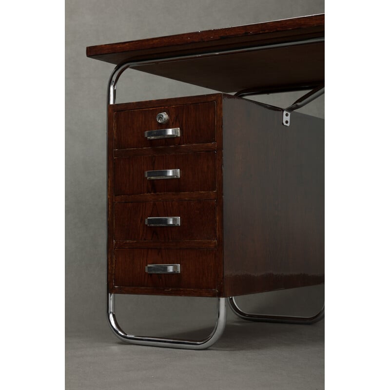 Konova Bauhaus brown chromed metal and oakwood desk, Petr VICHR - 1930s