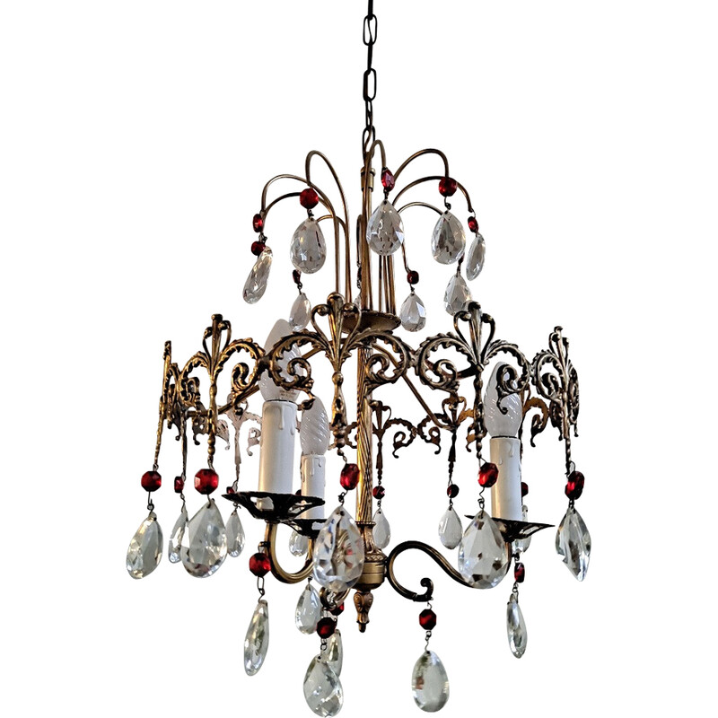 Vintage Italian red chandelier in brass and crystal