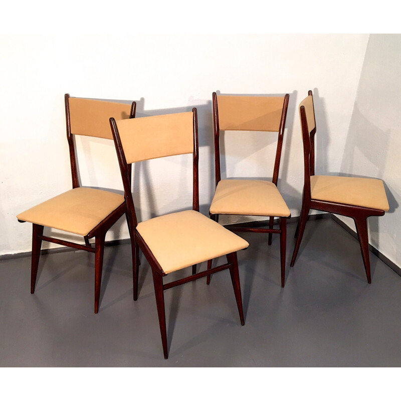 Set of 4 mid century beech dining chairs in camel color, Carlo DI CARLI - 1950s