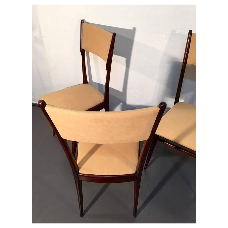 Ensemble de 4 chaises à repas vintage en hêtre couleur camel, Carlo DI CARLI - 1950