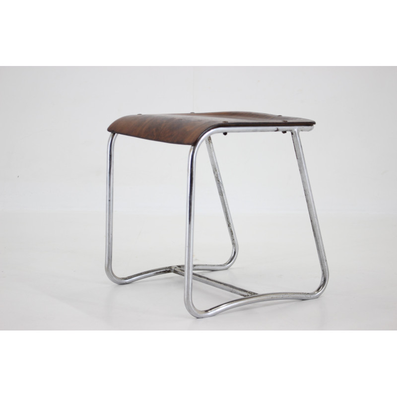 Vintage chrome and wooden Bauhaus stool, Czechoslovakia 1930s