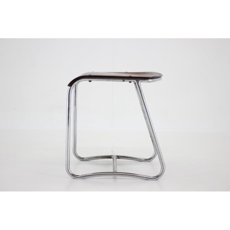 Tabouret Bauhaus vintage en bois et chrome, Tchécoslovaquie 1930