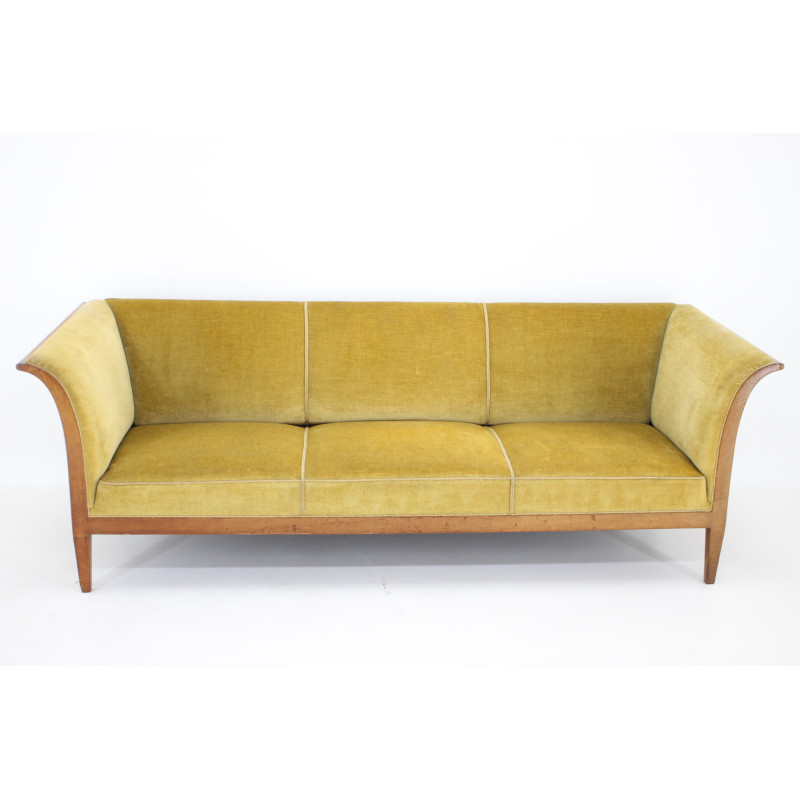 Vintage mahogany three-seat sofa with upholstery by Frits Henningsen, Denmark 1940s