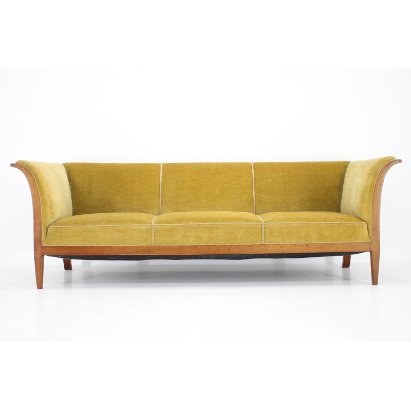 Vintage mahogany three-seat sofa with upholstery by Frits Henningsen, Denmark 1940s