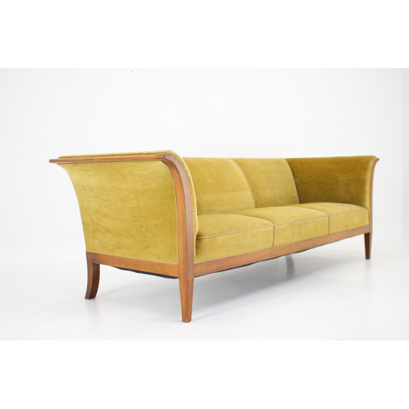 Vintage mahogany three-seat sofa with upholstery by Frits Henningsen, Denmark 1940s