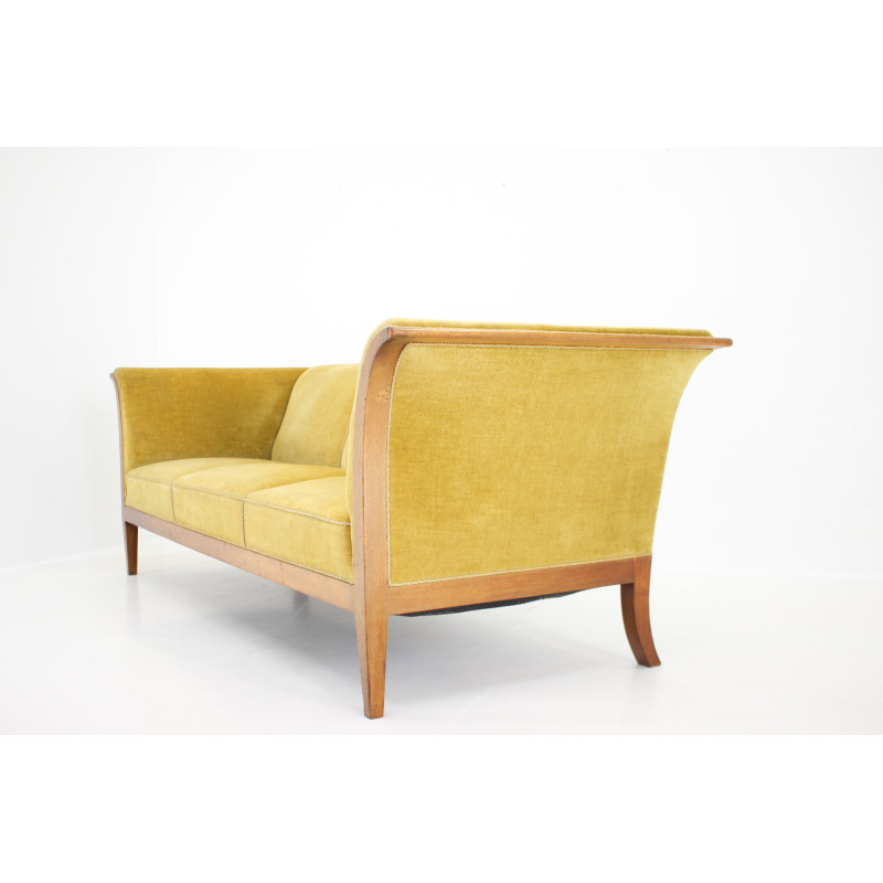 Vintage mahogany three-seat sofa with upholstery by Frits Henningsen, Denmark 1940s