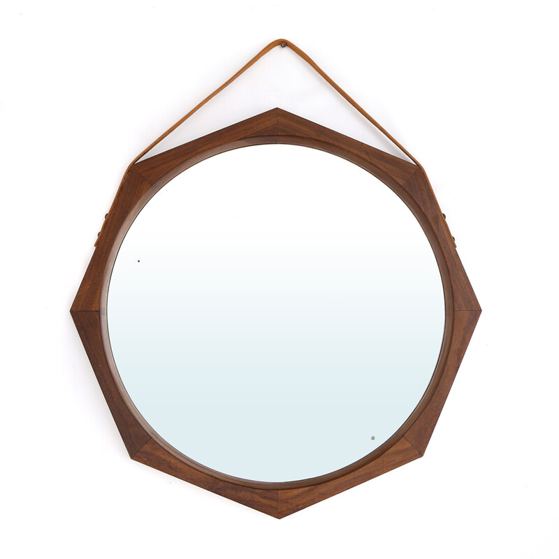 Vintage octagonal mirror in teak, 1960s