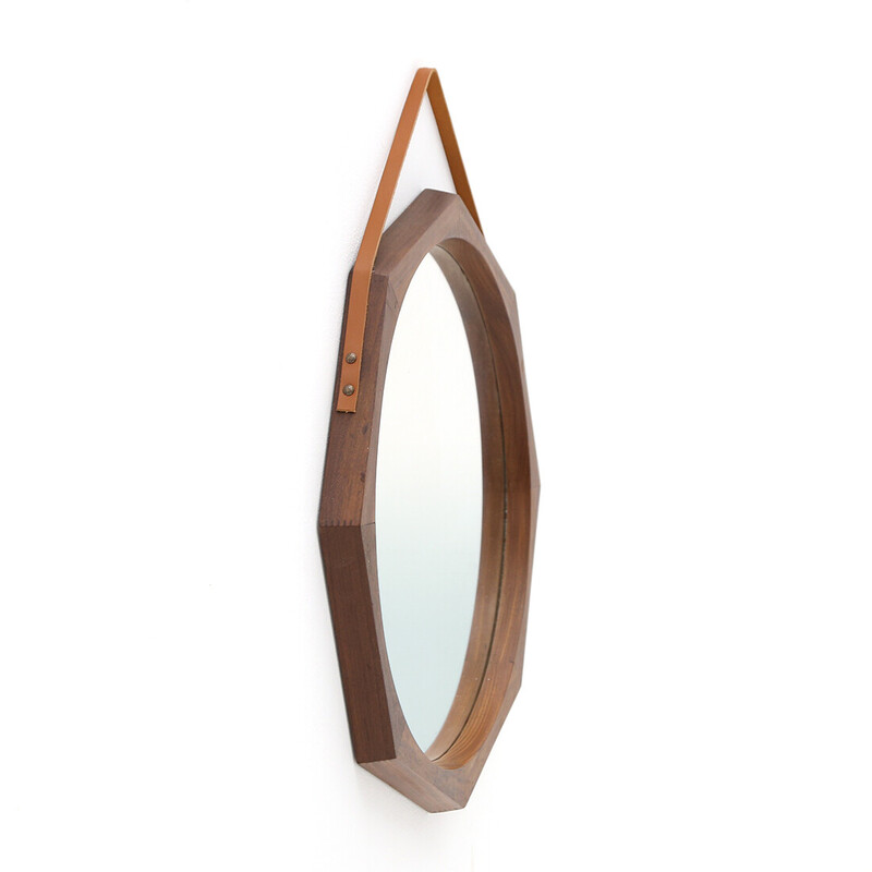 Vintage octagonal mirror in teak, 1960s