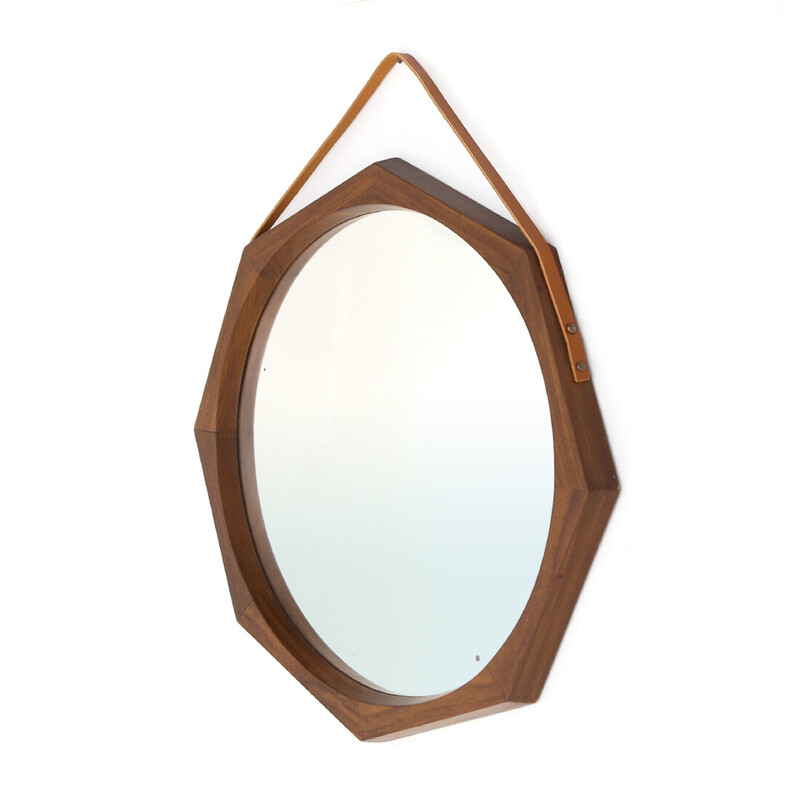 Vintage octagonal mirror in teak, 1960s