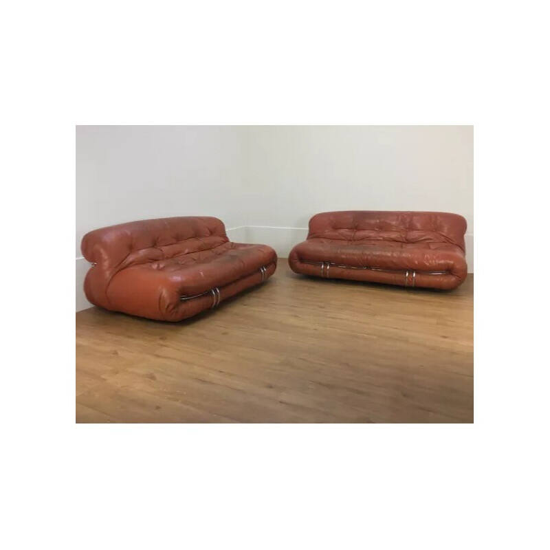 Pair of vintage sofas in cognac leather Soriana by Tobia Scarpa for Cassina