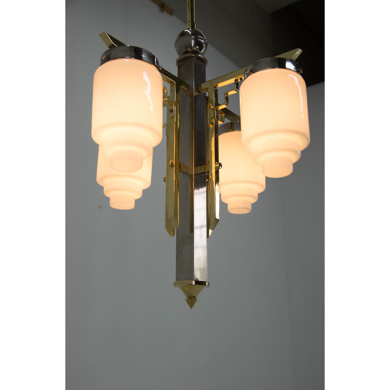 Vintage Art Deco brass and nickel chandelier, 1920s