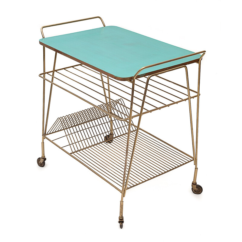 Vintage serving table with wheels in ceruse wood and gilded metal, 1960