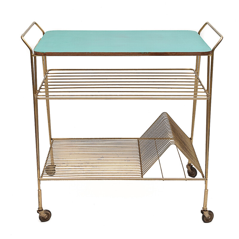 Vintage trolley met wielen in ceruse hout en verguld metaal, 1960