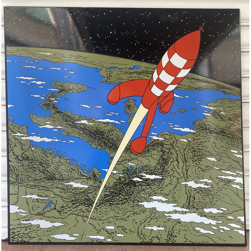 Vintage-Emailleschild "La fusée décollant de la terre" (Die von der Erde abhebende Rakete) von Hergé, 1985