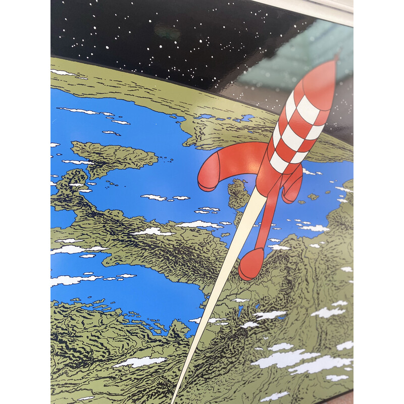 Vintage geëmailleerde plaquette "De raket die opstijgt van de aarde" door Hergé, 1985