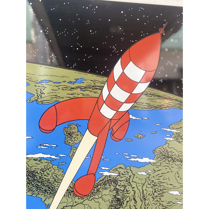Plaque émaillée vintage "La fusée décollant de la terre" par Hergé, 1985