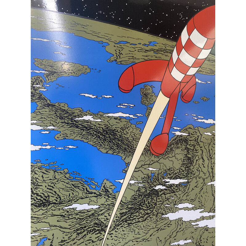 Vintage-Emailleschild "La fusée décollant de la terre" (Die von der Erde abhebende Rakete) von Hergé, 1985