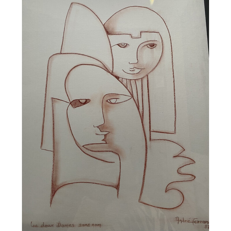 Vintage sanguine pastel "Les deux Dames sans nom" de André Ferrand, 1987