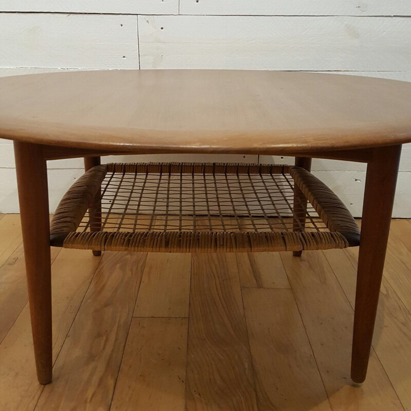 Round teak coffee table with braided rattan, Johannes ANDERSEN - 1960s