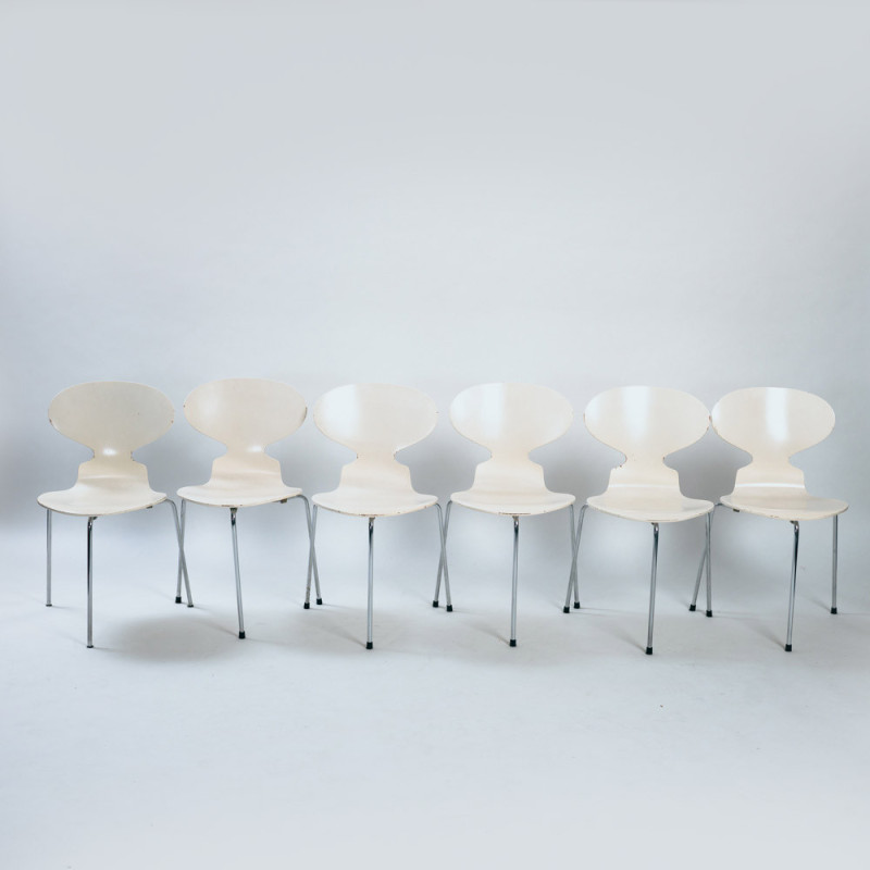 Juego de 6 sillas Ant blancas vintage de Arne Jacobsen para Fritz Hansen, 1981