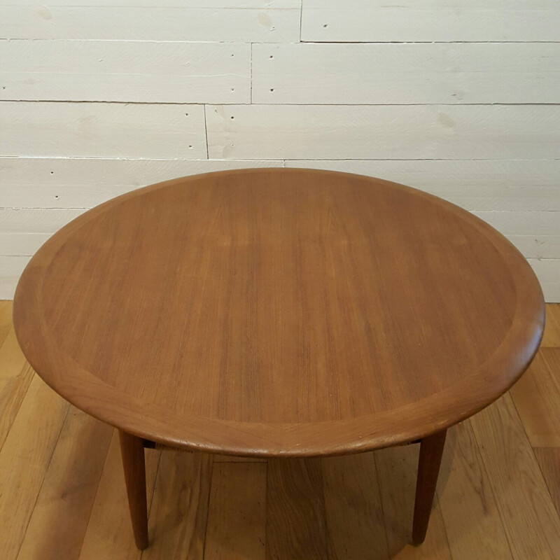 Round teak coffee table with braided rattan, Johannes ANDERSEN - 1960s