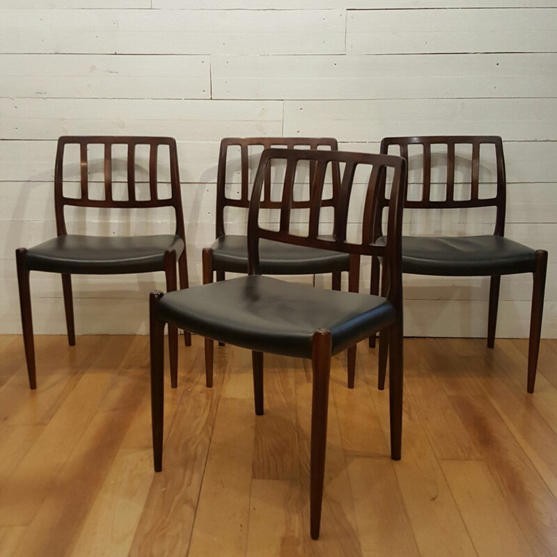 Set of 4 "model 83" chairs in leather and rosewood, Niels O. MOLLER - 1960s