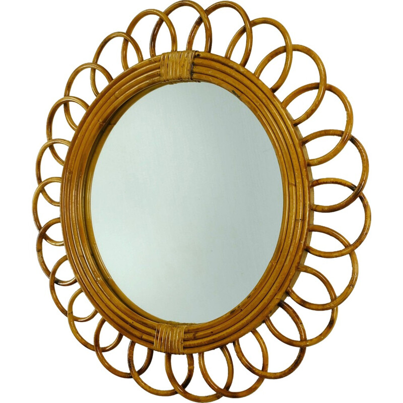 Brown rattan and glass wall mirror - 1950s