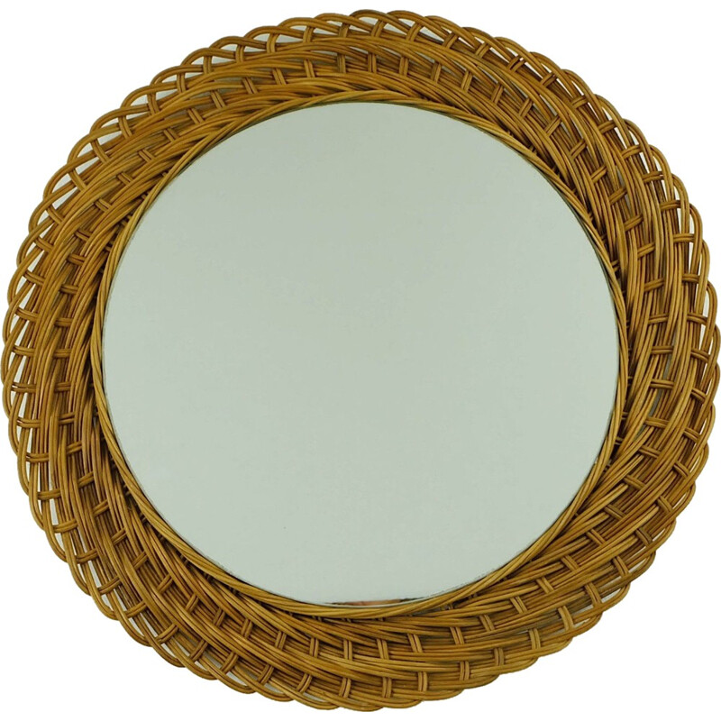 Beige rattan and glass wall mirror - 1960s