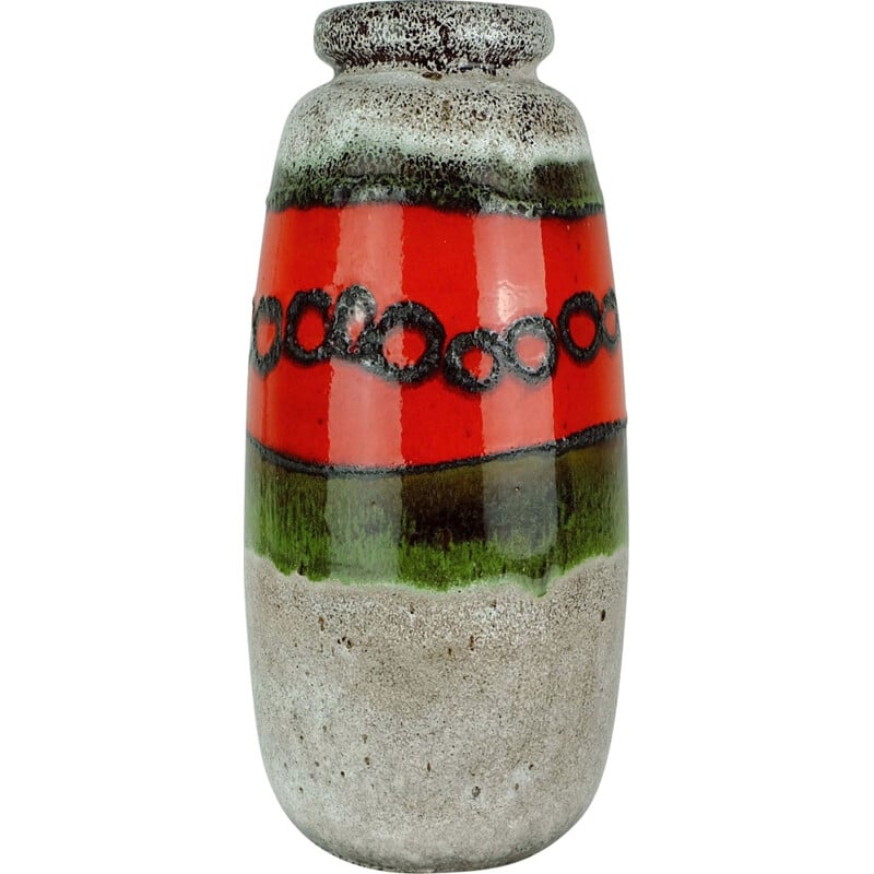 Scheurich green beige and red in ceramic with a black lava pattern vase - 1970s
