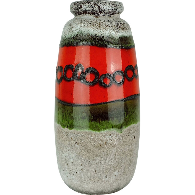 Vase vert beige et rouge Scheurich en céramique avec vernis noir - 1970 