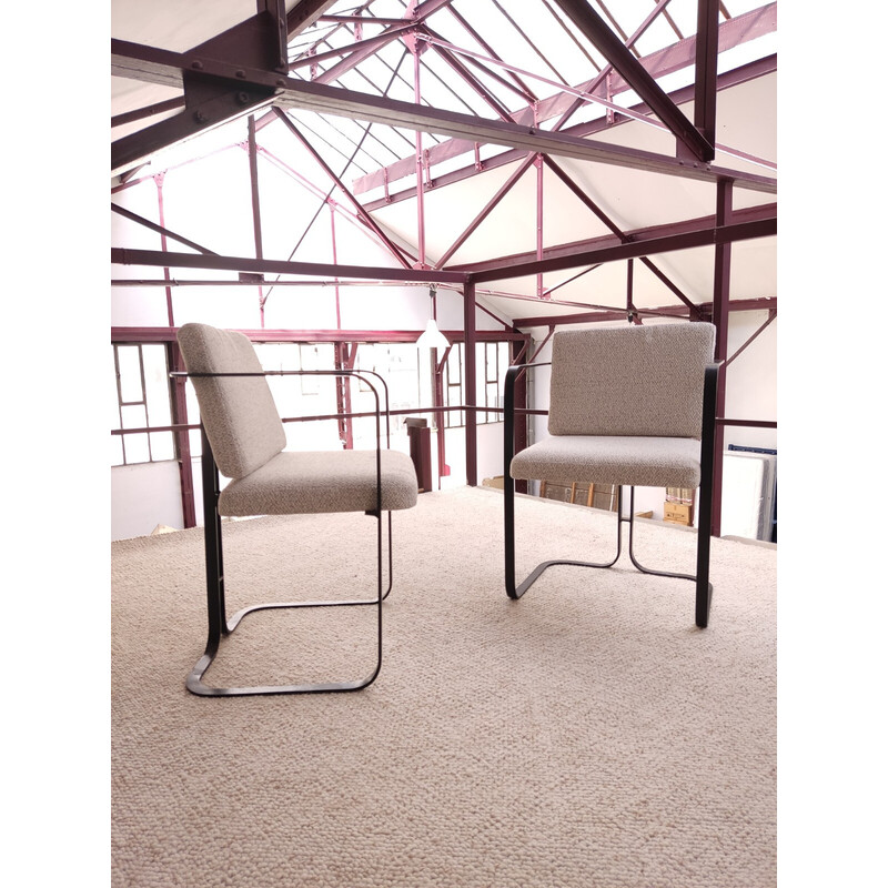 Pair of vintage armchairs in black metal and speckled fabric, 1960