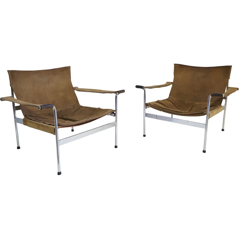 Paire de fauteuils lounge "D99" Tecta en daim brun clair et acier chromé, Hans KÖNECKE - 1960