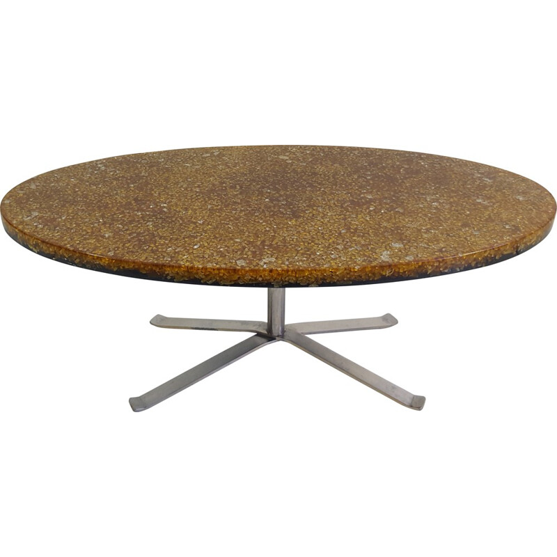 Oval coffee table with steel frame in glass, resin and steel, Pierre GIRAUDON - 1970s