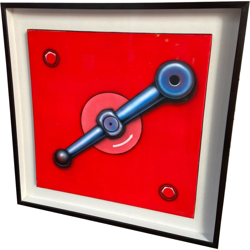 Vintage acrylic on canvas "Lock on red background" by Peter Klasen, 1998