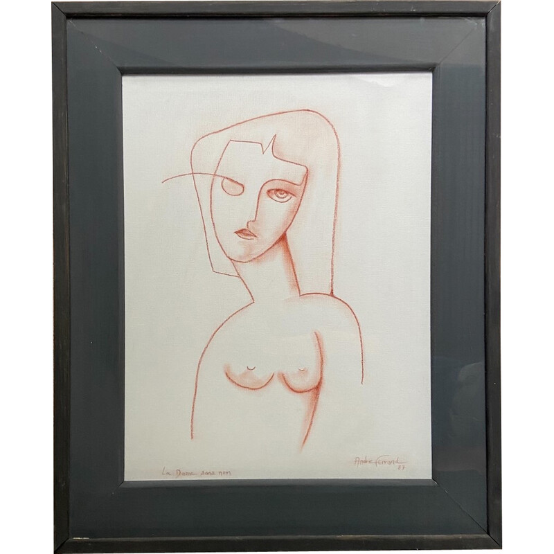 Pastel sanguine vintage sur papier "La dame sans nom" par André Ferrand, 1987