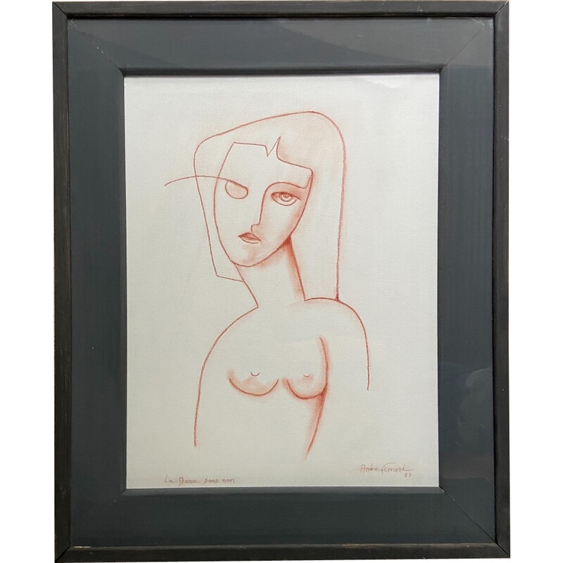 Vintage sanguine pastel on paper "The lady with no name" by André Ferrand, 1987