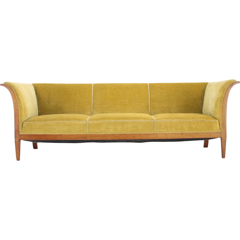 Vintage mahogany three-seat sofa with upholstery by Frits Henningsen, Denmark 1940s