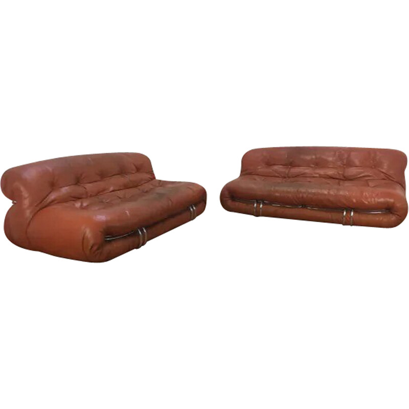 Pair of vintage sofas in cognac leather Soriana by Tobia Scarpa for Cassina