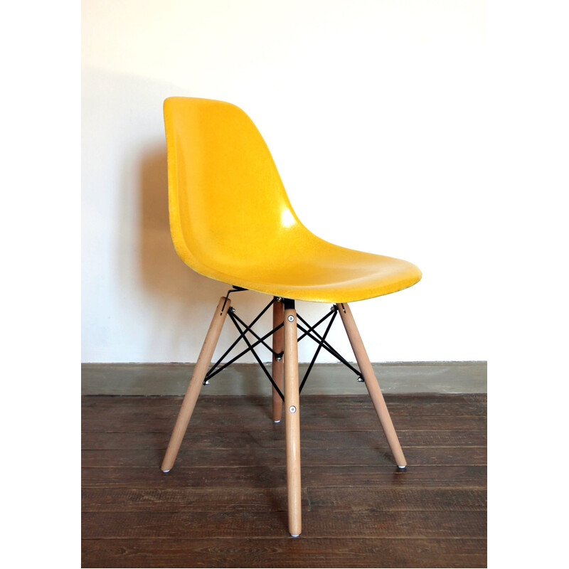 Pair of vintage yellow Dsw chairs by Charles and Ray Eames for Herman Miller