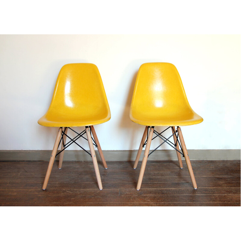 Pair of vintage yellow Dsw chairs by Charles and Ray Eames for Herman Miller