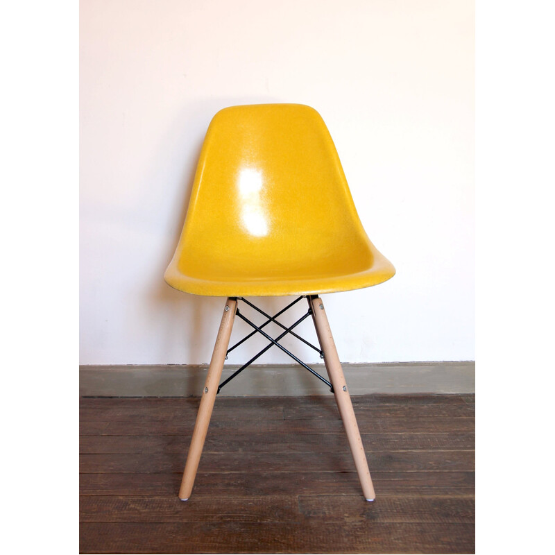 Pair of vintage yellow Dsw chairs by Charles and Ray Eames for Herman Miller