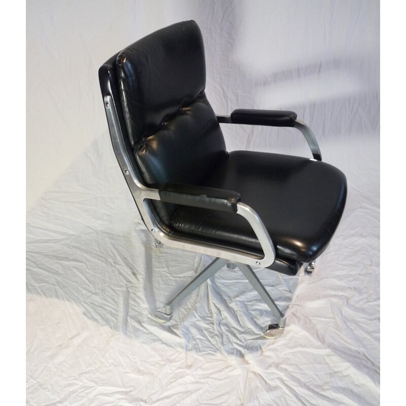 Vintage office armchair in black faux leather and aluminum