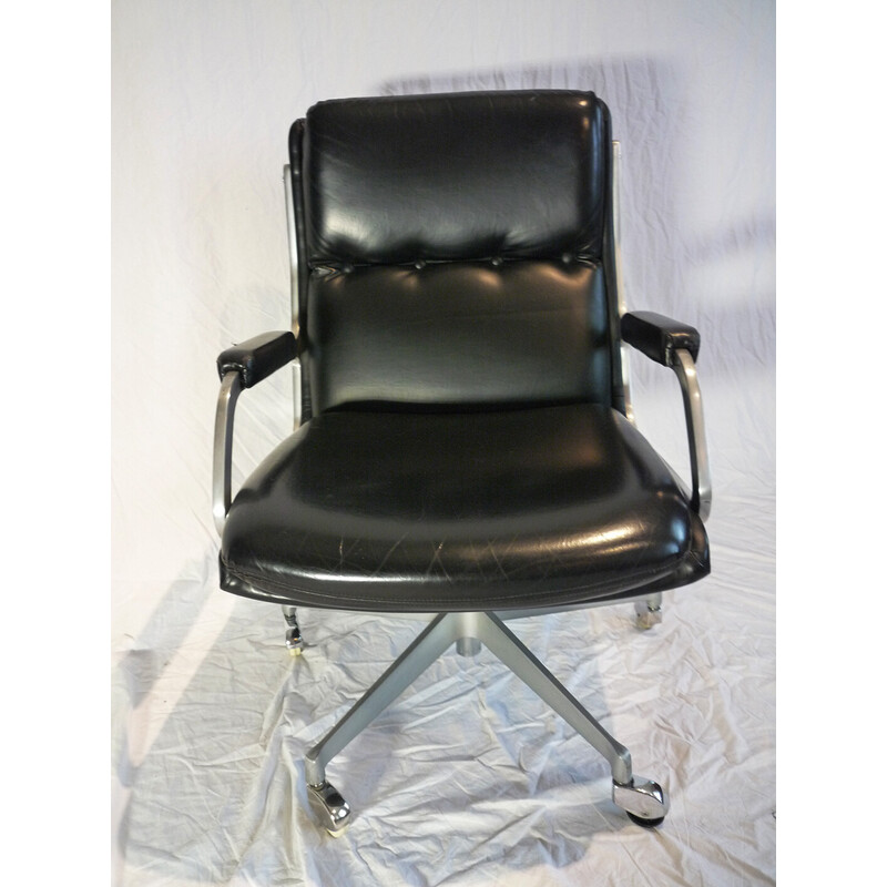 Vintage office armchair in black faux leather and aluminum