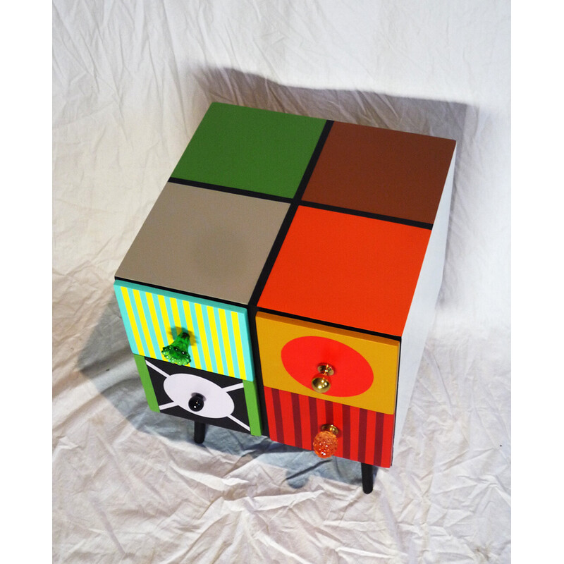 Vintage block unit with 4 compartments in multicolored lacquer