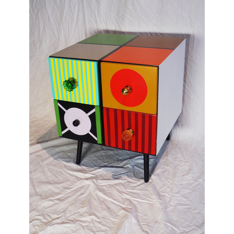 Vintage block unit with 4 compartments in multicolored lacquer