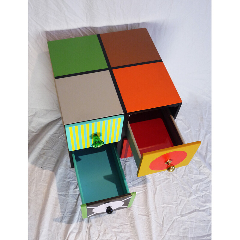 Vintage block unit with 4 compartments in multicolored lacquer