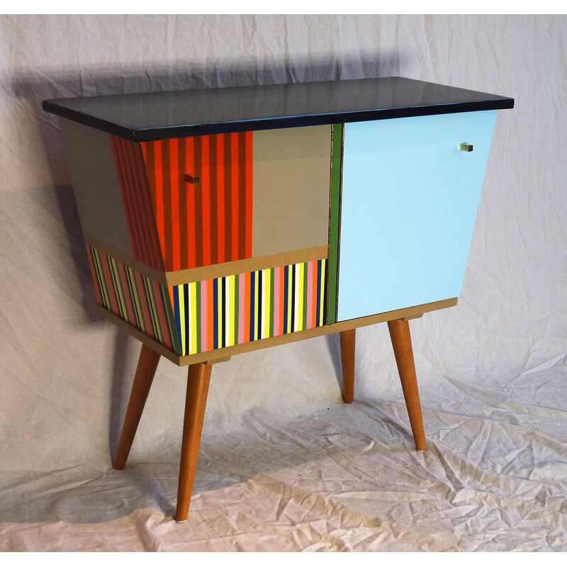 Vintage lacquered and patinated wood sideboard with 2 doors